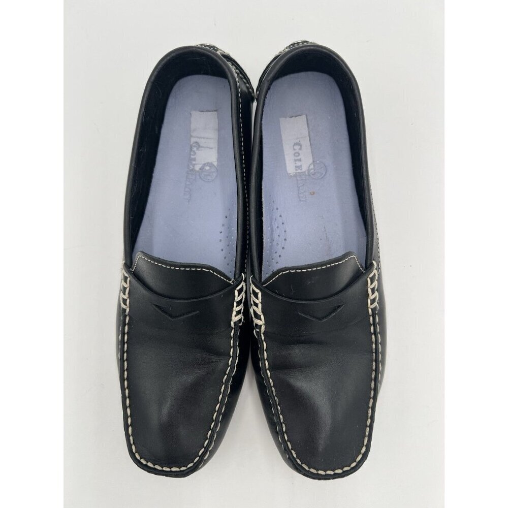 COLE HAAN Driving Shoes Loafers In Black Leather Cream Topstitch Size 8 AA EUC - Picture 3 of 13